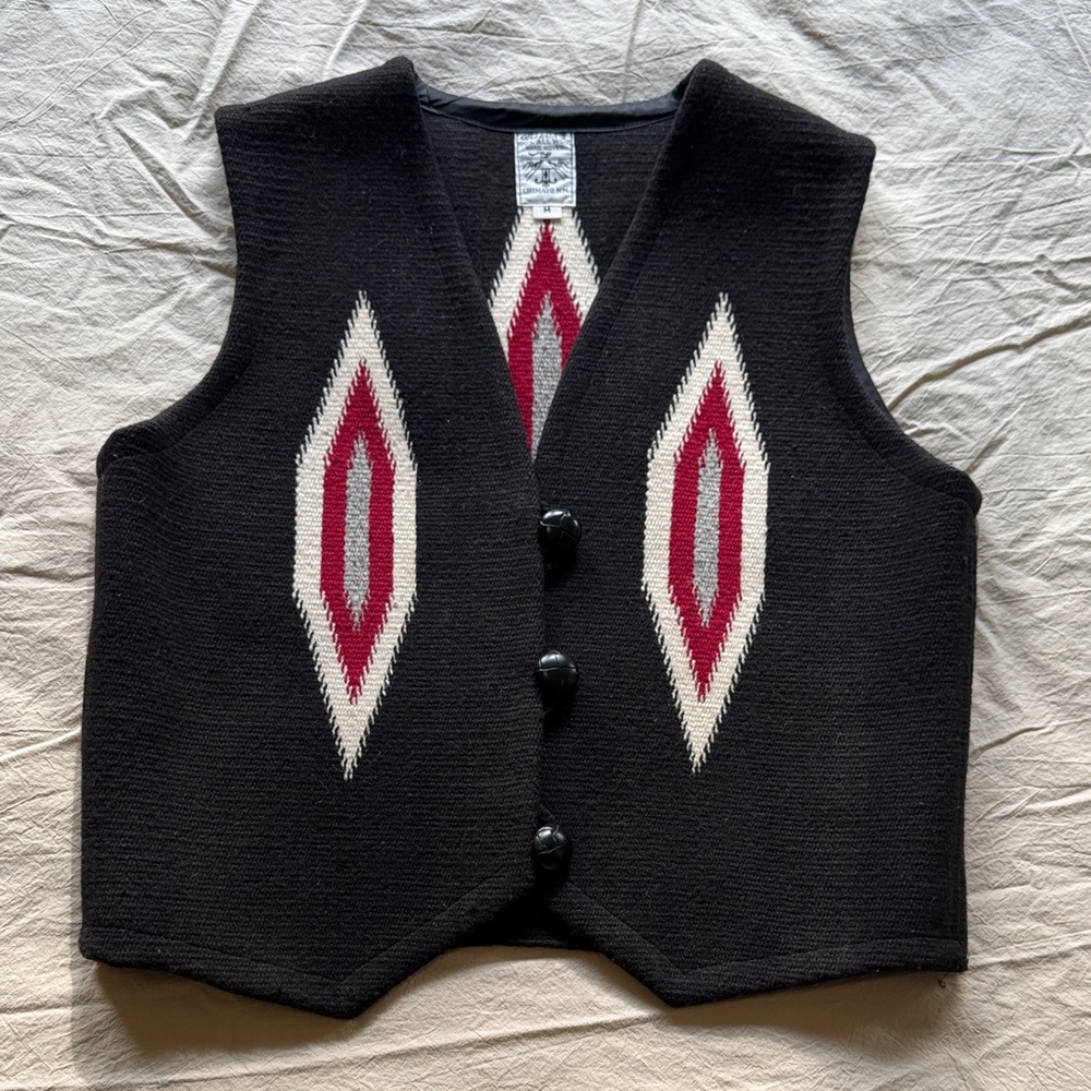Chimayo Black Vest with Red and White Geometric Pattern